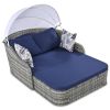 GO 79.9" Outdoor Sunbed with Adjustable Canopy, Daybed With Pillows, Double lounge, PE Rattan Daybed, Gray Wicker And Blue Cushion