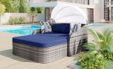 GO 79.9" Outdoor Sunbed with Adjustable Canopy, Daybed With Pillows, Double lounge, PE Rattan Daybed, Gray Wicker And Blue Cushion