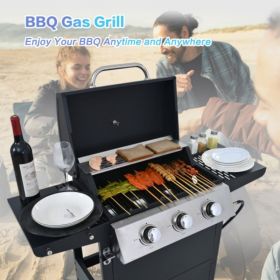 Propane Gas Grill 3 Burner Barbecue Grill, Stainless Steel 26,000 BTU Patio Garden Barbecue Grill with Two Shelves, Lid, Wheels and Bottle Opener