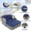 GO 79.9" Outdoor Sunbed with Adjustable Canopy, Daybed With Pillows, Double lounge, PE Rattan Daybed, Gray Wicker And Blue Cushion