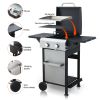 2-Burner Propane Gas BBQ Grill, SS Plancha, 24600BTU Output With Wire Enamel Cooking Grids For Outdoor Barbecue, Foldable Side Table, Hanging Basket