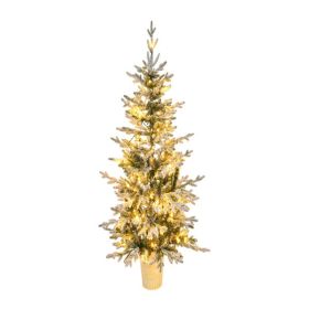 4 FT Snow Flocked Pre-lit Artificial Christmas Tree with Metal Pot Stand, Hinged Xmas Fir Tree with 120 Lights