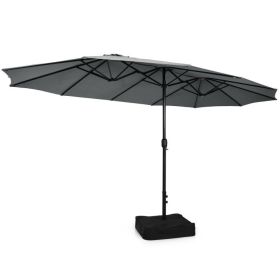 15 Feet Double-Sided Twin Patio Umbrella with Crank and Base (Color: Gray)